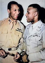 African-American pilots Capt. Lemuel Custis and Capt. Charles Hall of the US Army 99th Fighter Squadron on leave in New York City, New York, United States, Jun 1944