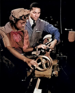 African-American factory workers Cecil M. Coles and Juanita E. Gray working on a lathe machine, which the latter was being trained to use, Washington, DC, United States, date unknown