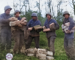 US Army Pfc. W. J. Kessler, Pfc. J. L. Proffitt, Pvt. B. Narter, Cpl. T. J. Barnewski, and Pfc. J. Stoll handling Christmas packages from home for their artillery unit, Germany, 26 Nov 1944