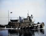 US Navy tug boat YTM 466 at the Mine Warfare School, Yorktown, Virginia, United States, 17 May 1945; the boat