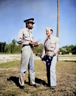 US Marine Corps African-American public relations specialist Sgt. Lucious A. Wilson and his photographer, Cpl. Edwin K. Anderson, at Montford Point Camp, New River, North Carolina, United States, date