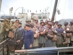 African-American US Army nurses waiting to disembark from the transport that brought them to Greenock, Scotland, UK, 15 Aug 1944