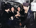 WAVES officers having coffee while touring a blimp at Naval Air Station, Lakehurst, New Jersey, United States, date unknown