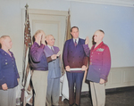 General Dwight Eisenhower swearing General Omar Bradley into office as Chief of Staff of the US Army, Pentagon, Arlington, Virginia, United States, 7 Feb 1948, photo 2 of 3; note US President Harry Truman and Secretary of Army Kenneth Royall in background