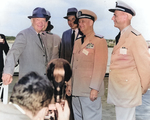 US President Dwight Eisenhower, Secretary of the Navy Thomas Gates, Jr., Admiral Arleigh Burke, and Admiral Jerauld Wright aboard USS Saratoga, 6 Jun 1957