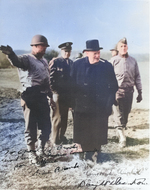 Colonel Sidney Hinds, General Dwight Eisenhower, Prime Minister Winston Churchill, and Major General Edward Brooks inspecting troops in Britain, 15 May 1944