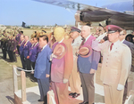 South Vietnamese President Ngo Dinh Diem and US President Dwight Eisenhower at Washington National Airport, Arlington, Virginia, United States, 8 May 1957; note presence of General Nathan Twining, John Dulles, and Colonel William Draper