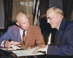 US President Dwight Eisenhower and US Secretary of State John Foster Dulles, White House, Washington DC, United States, 14 Aug 1956