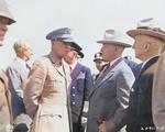 US Army General Dwight Eisenhower and US President Harry Truman at Brussels, Belgium, en route to the Potsdam Conference, 15 Jul 1945; note US Ambassador to Belgium Charles Sawyer and US Secretary of State James Byrnes in background