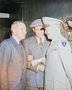 US President Harry Truman, Press Secretay Charles Ross, and General Dwight Eisenhower at Antwerp, Belgium, 15 Jul 1945