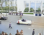 US President Dwight Eisenhower and First Lady Mamie Eisenhower waving to crowds during the inaugural parade, Washington DC, United States, 20 Jan 1953