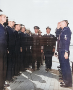 King George VI inspecting the crew of USS Augusta, Plymouth, England, United Kingdom, 2 Aug 1945