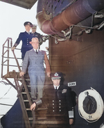 US President Harry Truman and King George VI of the United Kingdom aboard USS Augusta, Plymouth, England, United Kingdom, 2 Aug 1945, photo 1 of 2