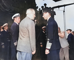 US President Harry Truman and King George VI of the United Kingdom aboard USS Augusta, Plymouth, England, United Kingdom, 2 Aug 1945, photo 2 of 2