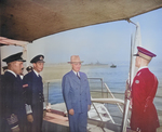 King George VI of the United Kingdom and US President Harry Truman aboard HMS Renown, Plymouth, England, United Kingdom, 2 Aug 1945; note USS Augusta in background