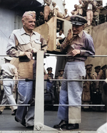 US Navy Admiral William F. Halsey and Vice Admiral John S. McCain on board USS Missouri shortly after the Japanese surrender ceremony, 2 Sep 1945