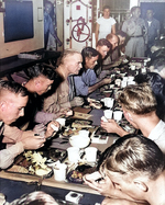 Admiral William Halsey having Thanksgiving dinner with the crew of battleship USS New Jersey, his flagship, 30 Nov 1944