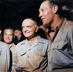 Admiral William Halsey and Commander Joseph Clifton at a party for officers at Espiritu Santo, New Hebrides, circa Nov 1943