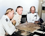 Admiral Husband Kimmel with his chief of staff Captain William "Poco" Smith and his operations officer Captain Walter Delany at Pearl Harbor, US Territory of Hawaii, 1941