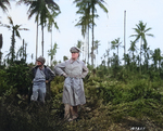 General Douglas MacArthur and his acting aide Colonel Lloyd Lehrabas inspecting the results of the heavy naval bombardment on Los Negros, Admiralty Islands, 29 Feb 1944