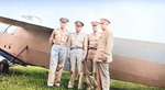 GEN George Marshall, LTGEN Frank Andrews, LTGEN Henry Arnold, and MAJGEN Oliver Echols observing a mock glider attack on Wright Field, Ohio, United States, circa 1942