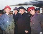 US Secretary of State Edward Stettinius, Jr., Soviet diplomat Andrei Gromyko, and Soviet Foreign Minister Vyacheslav Molotov scanning the sky for the arrival of US President Franklin Roosevelt