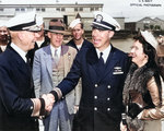 Rear Admiral W. L. Friedell greeting Lieutenant Commander Dudley Morton, Mare Island Navy Yard, Vallejo, California, United States, 29 May 1943; note Morton