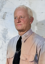 Portrait of US Navy Fleet Admiral Chester Nimitz at his office in Guam, Mariana Islands, circa 16-19 Dec 1944; note five-star tie clasp, which was a gift to him