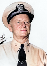 Portrait of US Navy Fleet Admiral Chester Nimitz, circa early 1945; note five-star tie clasp, which was a gift to him