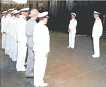 Admiral Chester Nimitz addressing officers immediately after assuming command of Pacific Fleet, Pearl Harbor, US Territory of Hawaii, 31 Dec 1941; Admiral Husband Kimmel at right