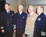 Commander Eugene Fluckney, Fleet Admiral Chester Nimitz, a civilian, and Vice Admiral William Calhoun, Coronado, California, United States, 21 Jan 1953