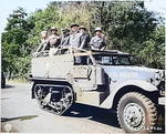 Major General Frank Parks, General George Patton, Colonel W. H. Kyle, J. J. McCloy, H. H. Bundy, and US Secretary of War Henry Stimson, reviewing US 2nd Armored Division, Berlin, Germany, 20 Jul 1945, photo 2 of 4