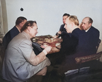 Göring, Dönitz, Funk, Schirach, and Rosenberg eating lunch during the Nuremberg Trials, Nürnberg, Germany, 1945-1946