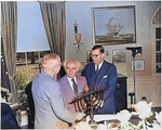 Israeli Prime Minister David Ben-Gurion presenting US President Harry Truman with a Menorah, White House, Washington DC, United States, 8 May 1951; Israeli Ambassador to US Abba Eban also present