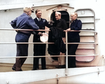 Admiral William Halsey and Vice Admiral Philip Vian aboard USS Missouri, circa May-Aug 1945; the other officers were Commander William Kitchell and Captain Joel Boone