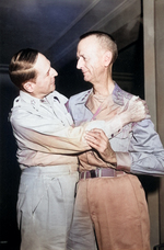 Douglas MacArthur embracing Jonathan Wainwright, Hotel New Grand, Yokohama, Japan, 31 Aug 1945