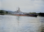 US battleship Alabama anchored in Puget Sound, Washington, United States, 15 Mar 1945, photo 2 of 5; starboard broadside view, note independently-elevated guns