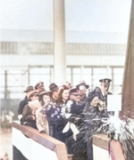 Henrietta McCormick Hill, wife of Alabama senator Lister Hill, christening battleship Alabama at Norfolk Naval Shipyard, Portsmouth, Virginia, United States, 16 Feb 1942