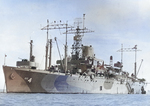 USS Ancon at anchor, Manila Bay, Philippine Islands, mid-Aug 1945, photo 1 of 2; note Measure 31a, Design 18Ax camouflage