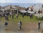 FM-1 aircraft having crashed into several TBF aircraft while landing on the flight deck of USS Coral Sea, 11 Oct 1943, photo 1 of 3