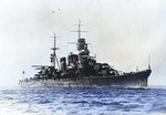 Cruiser Aoba underway with a seaplane on the catapult, circa 1930s