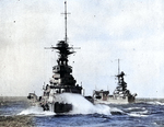 HMS Barham, HMS Malaya, and HMS Argus in exercise, western Mediterranean Sea, circa late 1920s, photo 1 of 2; photograph taken from HMS Rodney