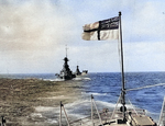 HMS Barham, HMS Malaya, and HMS Argus in exercise, western Mediterranean Sea, circa late 1920s, photo 2 of 2; photograph taken from HMS Rodney