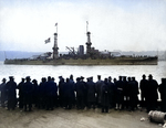 USS Arizona passing 96th Street Pier during a naval review in New York City, New York, United States, 26 Dec 1918