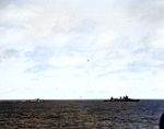 Lt Cmdr Maxwell Leslie about to ditch his SBD by cruiser Astoria, about 1342-1348, 4 Jun 1942