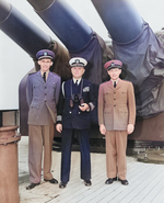 Lieutenant George Elsey, Captain James Vardaman, and Warrant Officer Edwin Hoying aboard USS Augusta, 7 Aug 1945