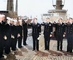 Commander C. P. Callahan and Captain B. E. Bacon, Jr. at the decommissioning ceremony of USS Barbero, Mare Island Naval Shipyard, Vallejo, California, United States, 30 Jun 1950, photo 1 of 2