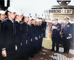 Commander C. P. Callahan and Captain B. E. Bacon, Jr. at the decommissioning ceremony of USS Barbero, Mare Island Naval Shipyard, Vallejo, California, United States, 30 Jun 1950, photo 2 of 2