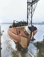 Launching of submarine Baya, Groton, Connecticut, United States, 2 Jan 1944