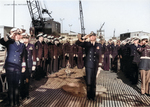 Commander Mason and other officers at the commissioning ceremony of USS Baya, Mare Island Naval Shipyard, California, United States, 10 Feb 1948